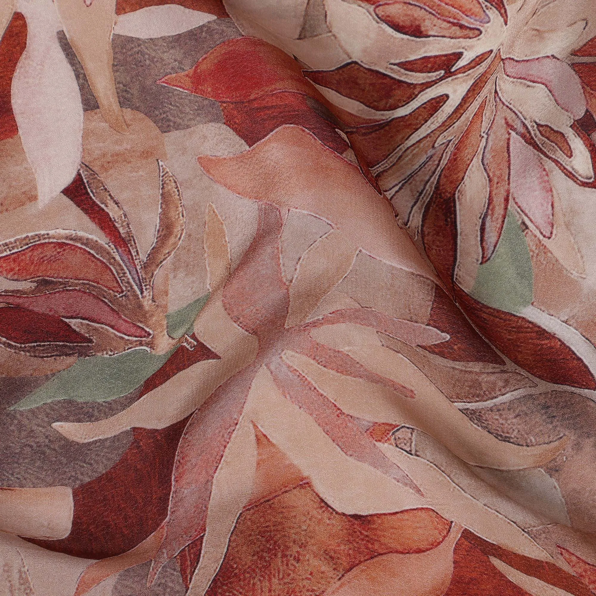 Terracotta Beige Viscose Digital Printed Fabric with Leafy Design, 110 cm Width-D21304