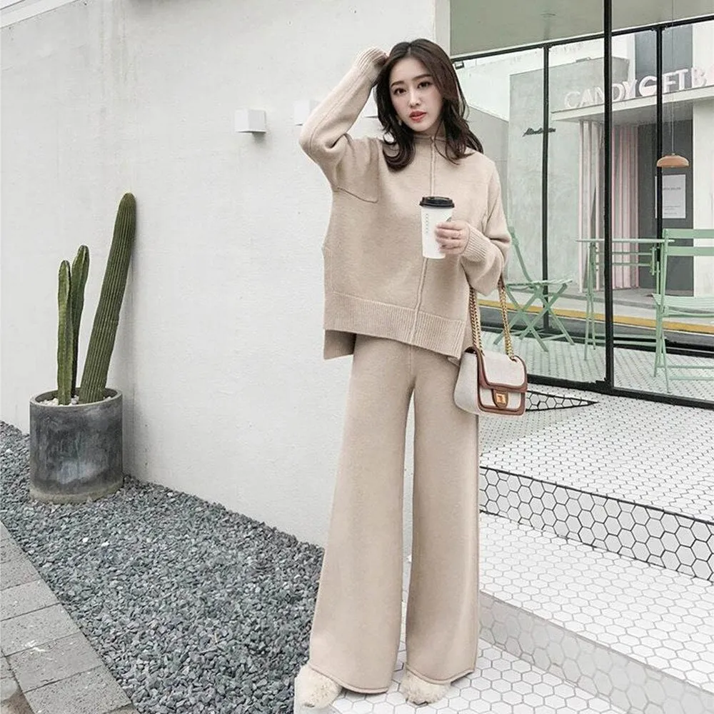 Thick Knitted Two-Piece Set Turtleneck Sweater and Pants