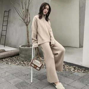 Thick Knitted Two-Piece Set Turtleneck Sweater and Pants