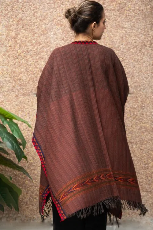 TICH Fine, Soft Himachal Wool Poncho Wrap With Woven Kinnauri Border - Dark Brown