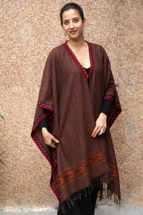 TICH Fine, Soft Himachal Wool Poncho Wrap With Woven Kinnauri Border - Dark Brown