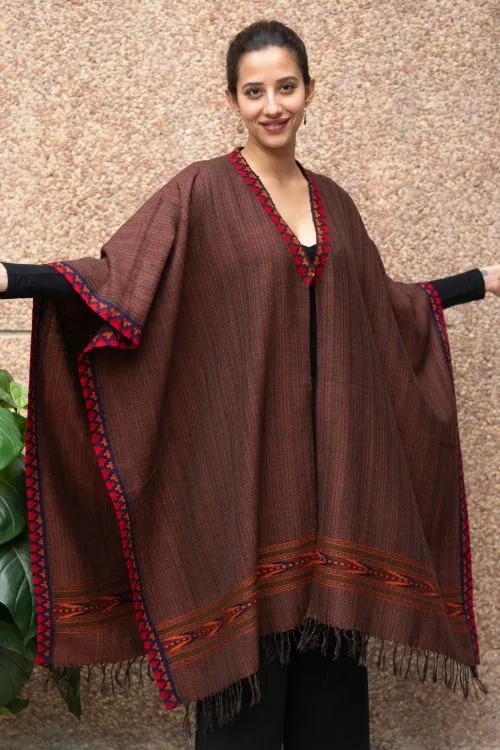 TICH Fine, Soft Himachal Wool Poncho Wrap With Woven Kinnauri Border - Dark Brown