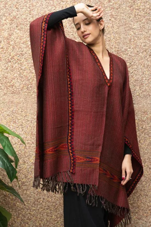 TICH Fine, Soft Himachal Wool Poncho Wrap With Woven Kinnauri Border - Maroon