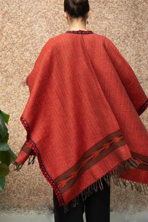 TICH Fine, Soft Himachal Wool Poncho Wrap With Woven Kinnauri Border - Red