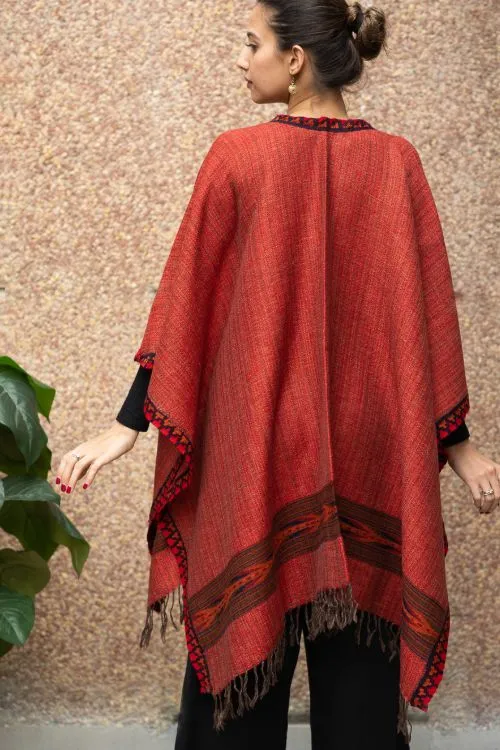 TICH Fine, Soft Himachal Wool Poncho Wrap With Woven Kinnauri Border - Red