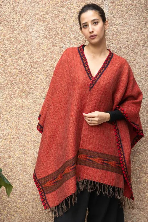 TICH Fine, Soft Himachal Wool Poncho Wrap With Woven Kinnauri Border - Red