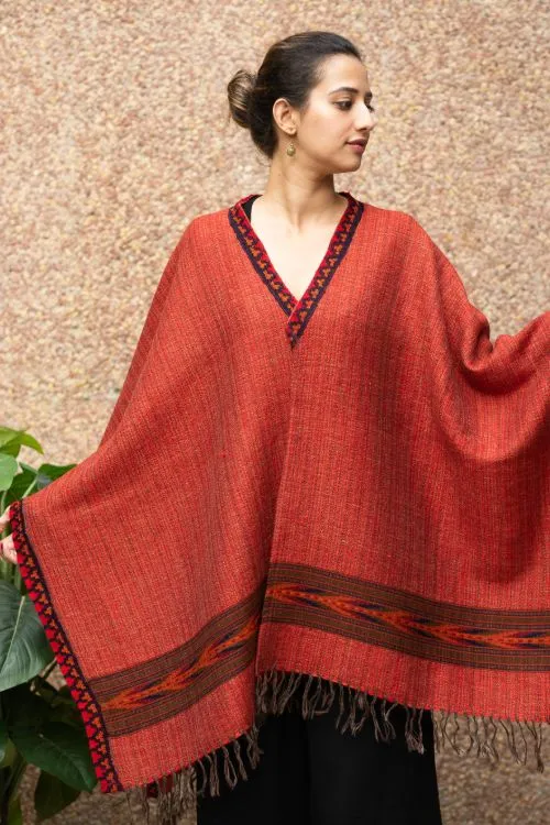 TICH Fine, Soft Himachal Wool Poncho Wrap With Woven Kinnauri Border - Red