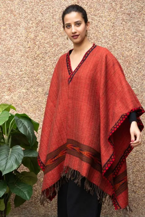 TICH Fine, Soft Himachal Wool Poncho Wrap With Woven Kinnauri Border - Red