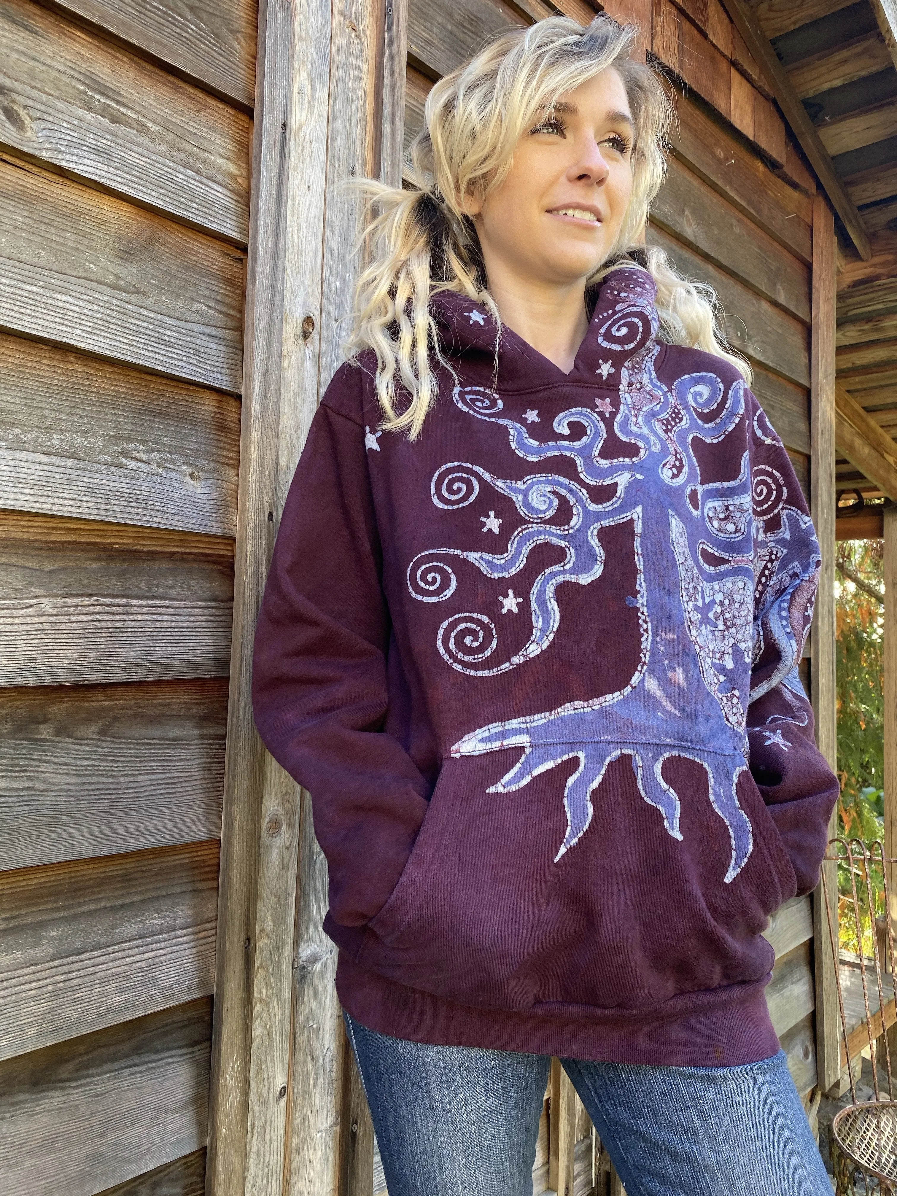 Tree Moon Burgundy Purple Pullover Hoodie - Handcrafted Batik - Size SMALL