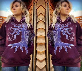 Tree Moon Burgundy Purple Pullover Hoodie - Handcrafted Batik - Size SMALL