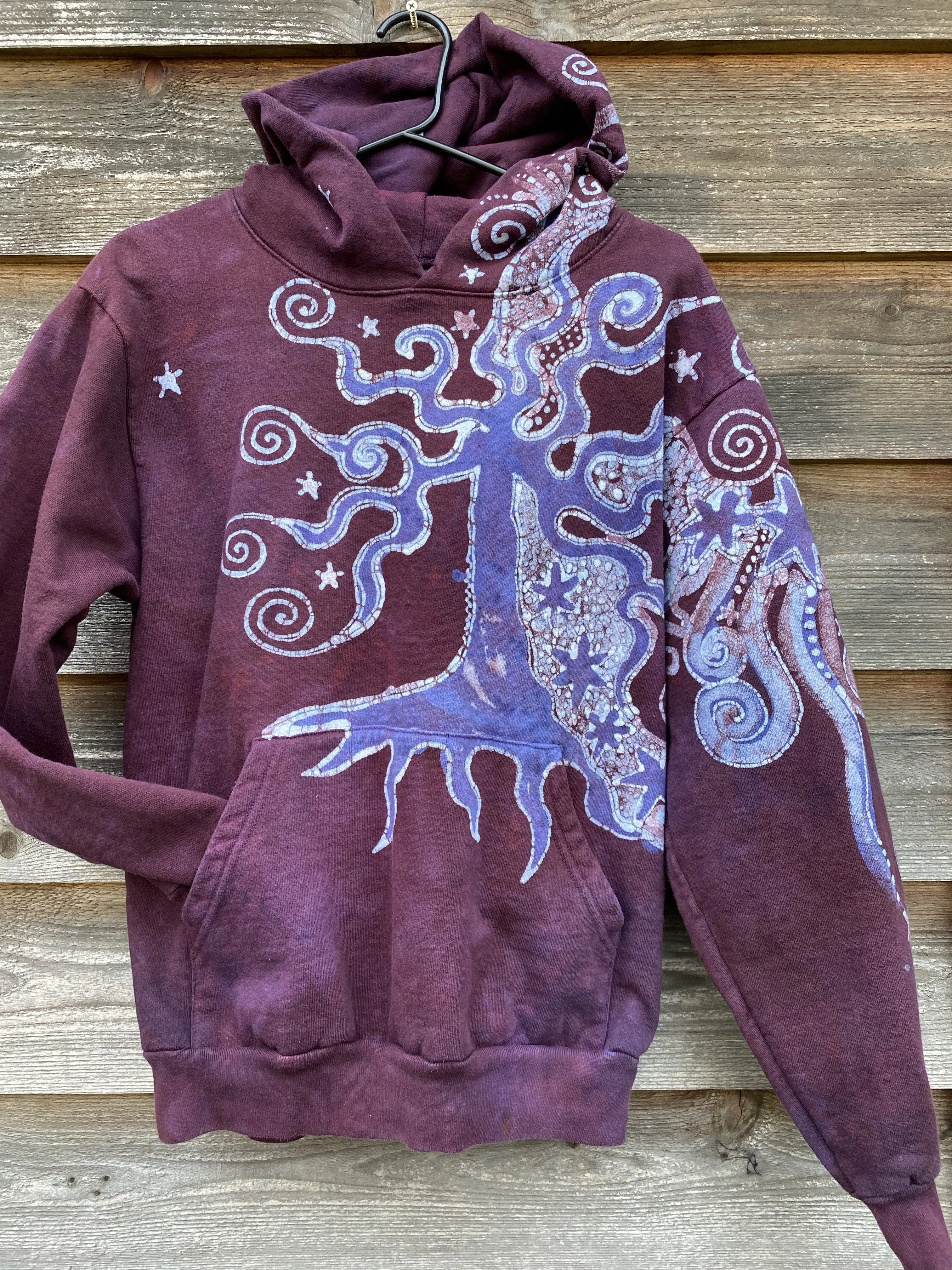 Tree Moon Burgundy Purple Pullover Hoodie - Handcrafted Batik - Size SMALL