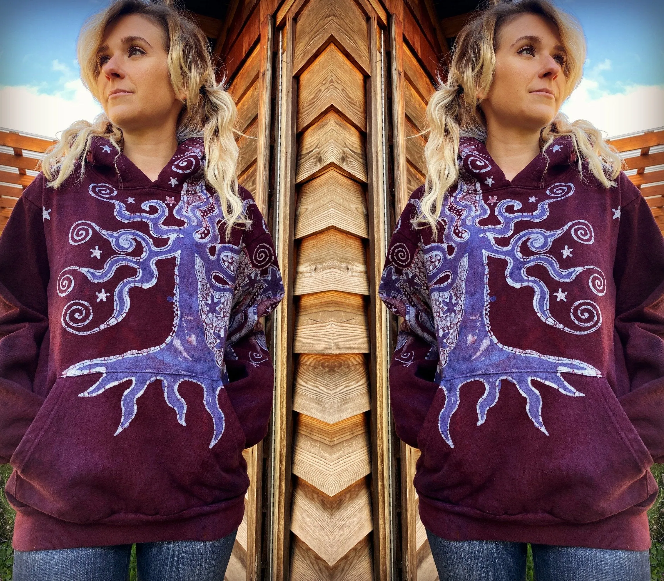 Tree Moon Burgundy Purple Pullover Hoodie - Handcrafted Batik - Size SMALL