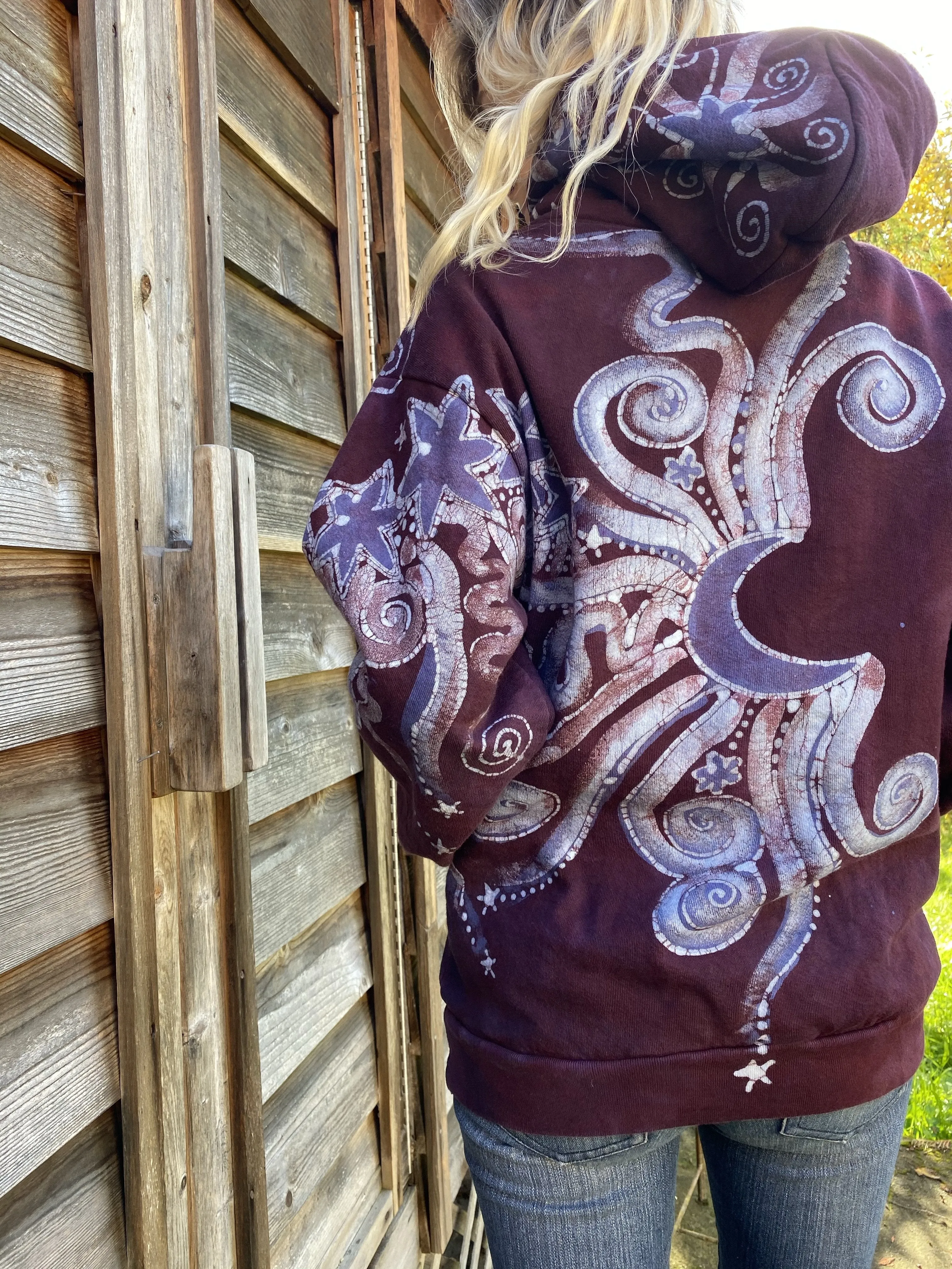 Tree Moon Burgundy Purple Pullover Hoodie - Handcrafted Batik - Size SMALL