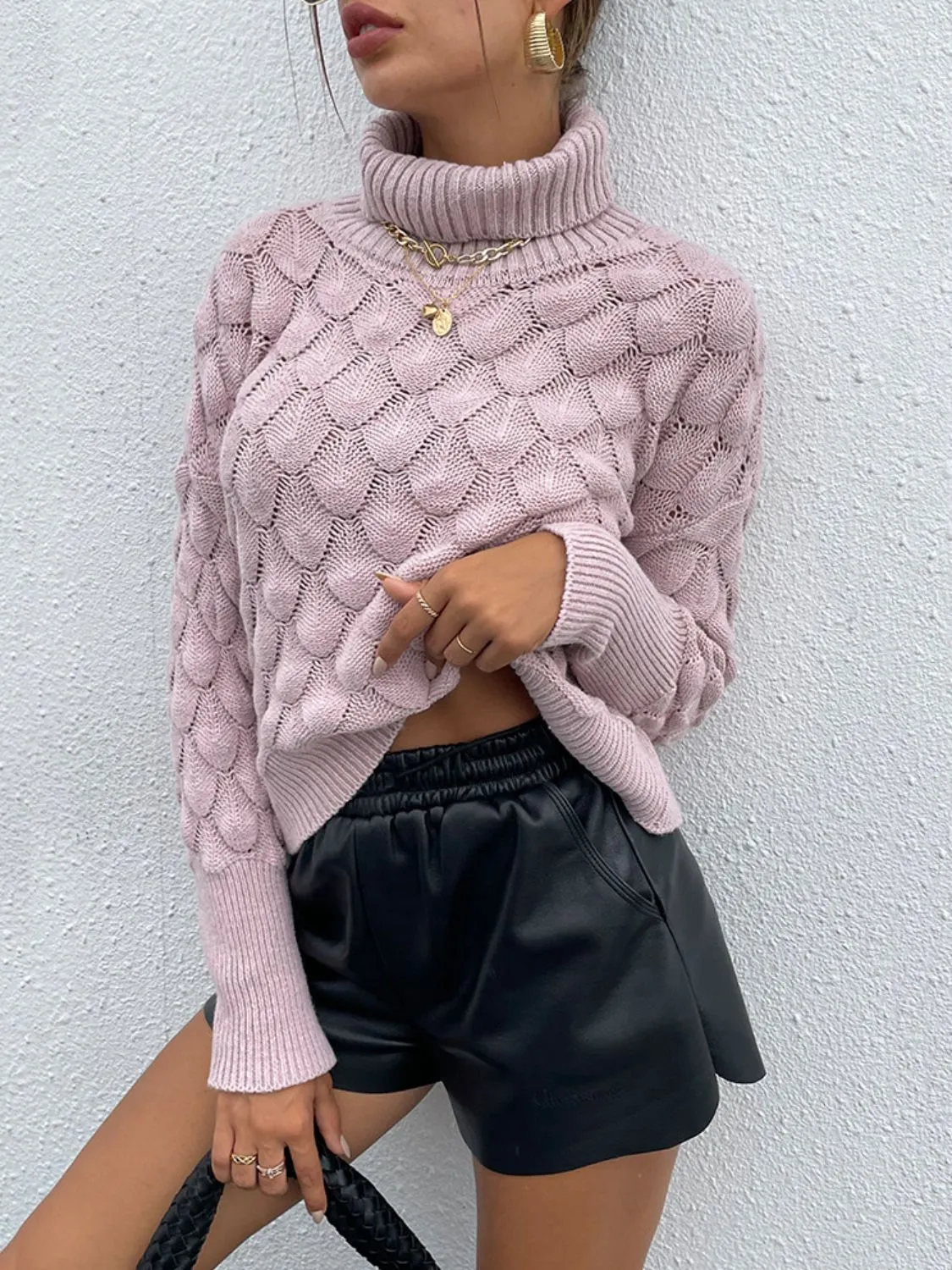 Turtle Neck Ribbed Long Sleeve Sweater