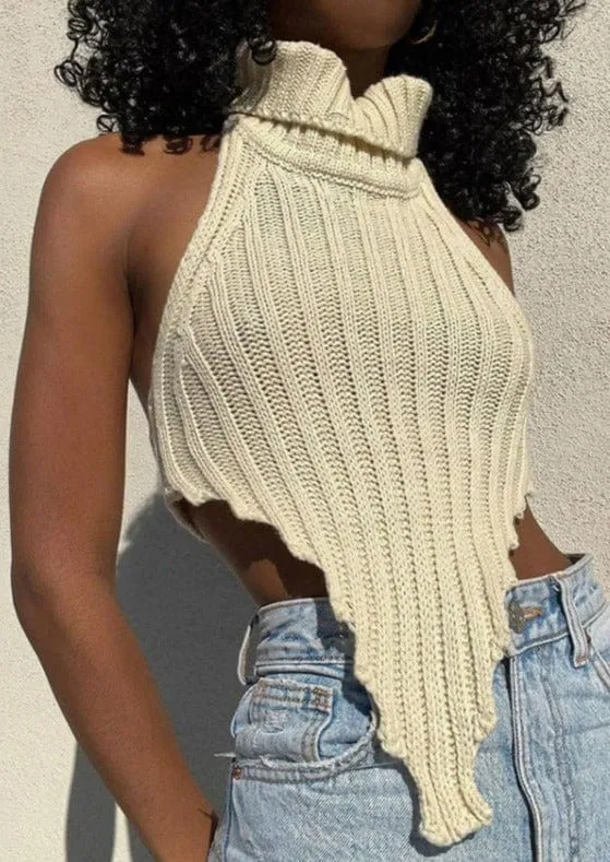 Turtleneck Asymmetrical Cropped Open Back Tank