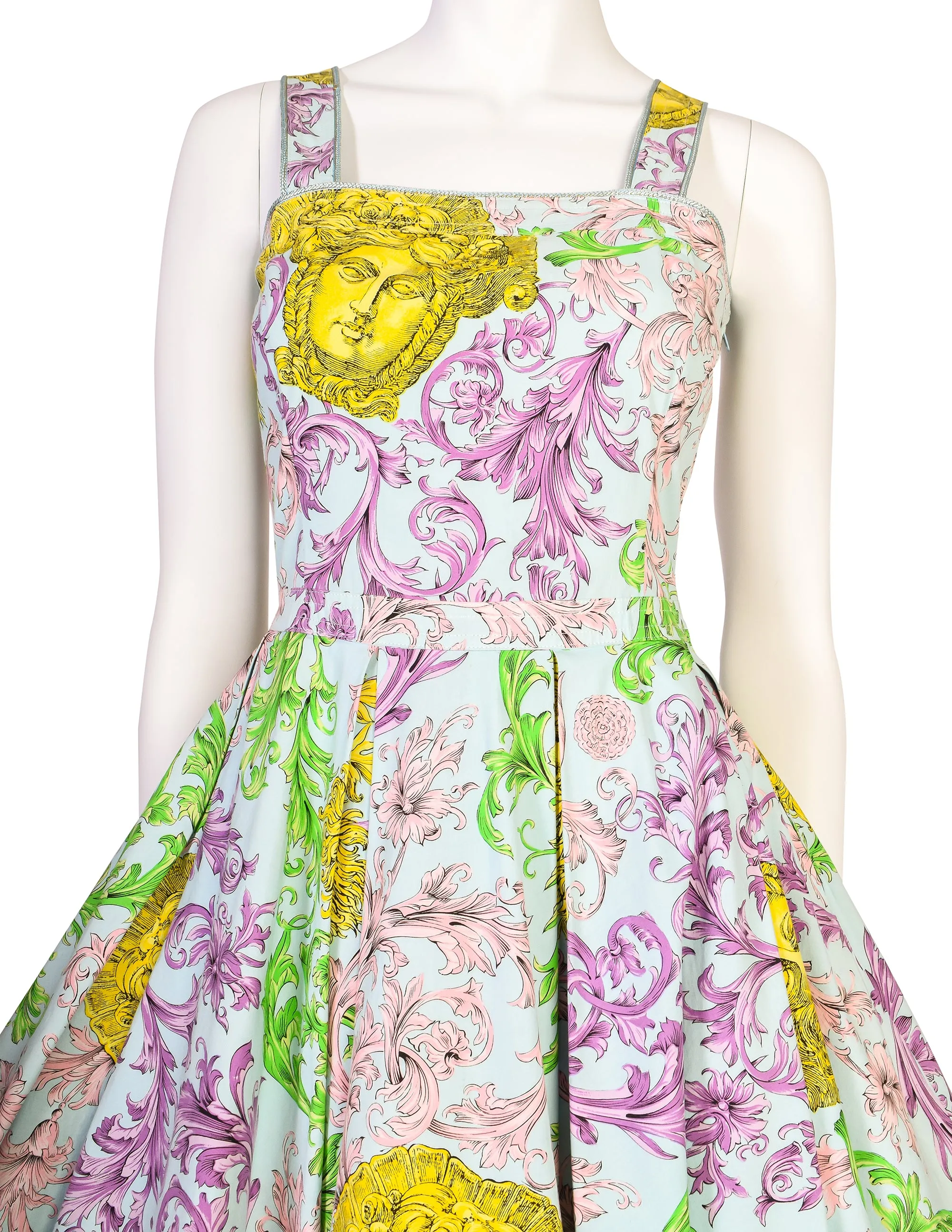 Versace Jeans Couture Vintage 1992 Pastel Baroque Medusa Print Full Skirt Mini Dress