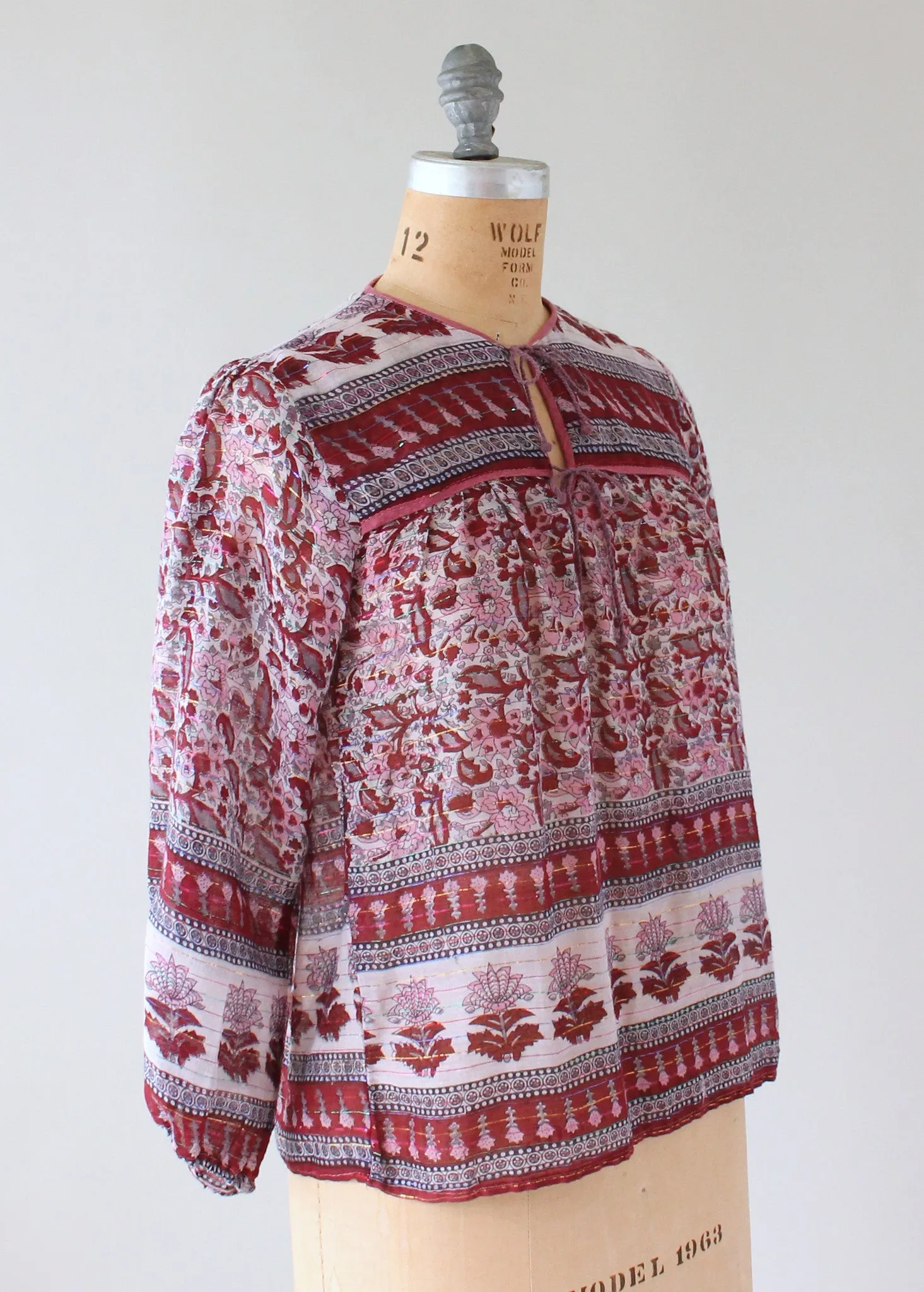 Vintage 1970s Indian Cotton Boho Shirt with Metallic Stripes