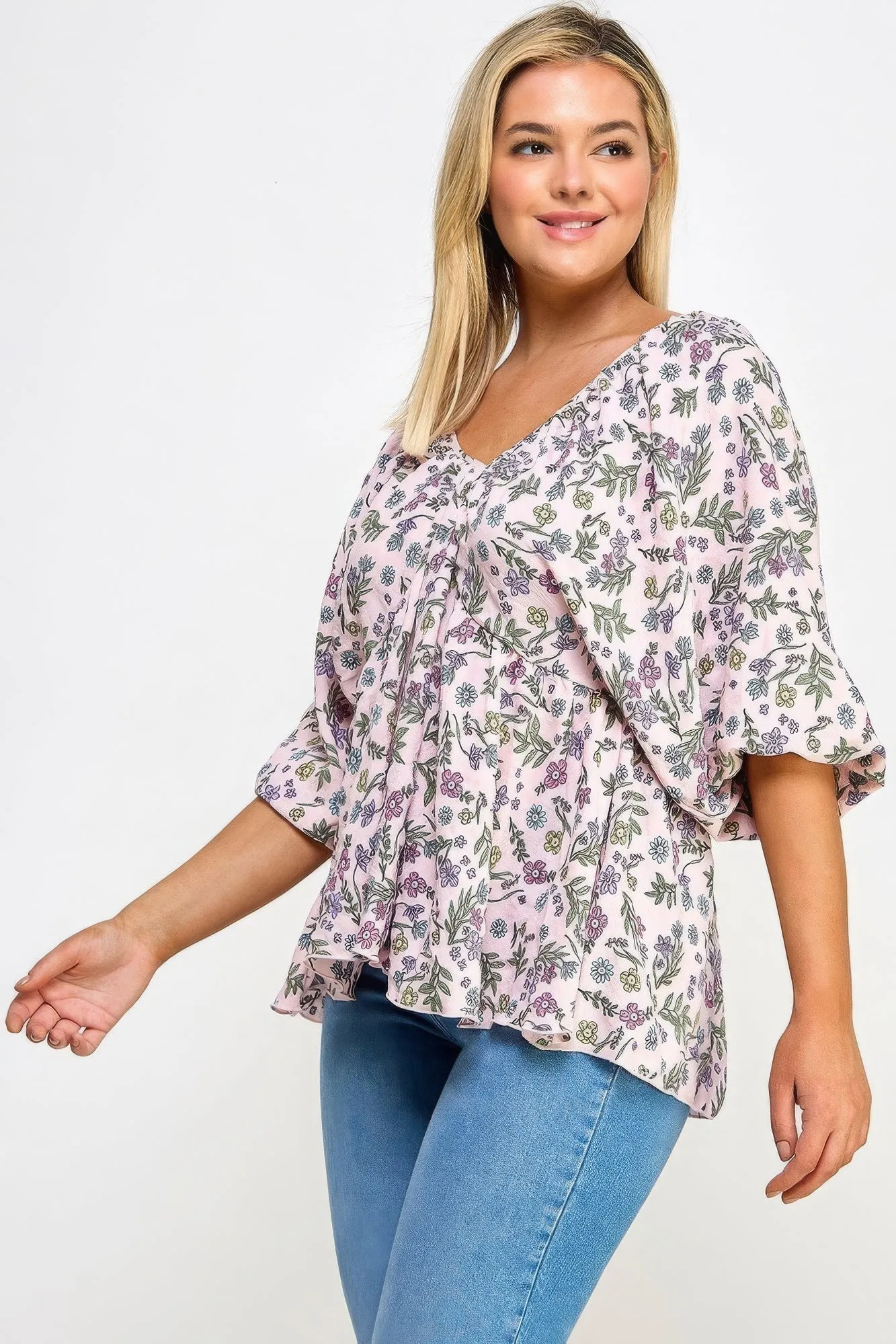 Voluptuous ( ) V-neck  Balloon Slv Floral Babydoll Top for Women