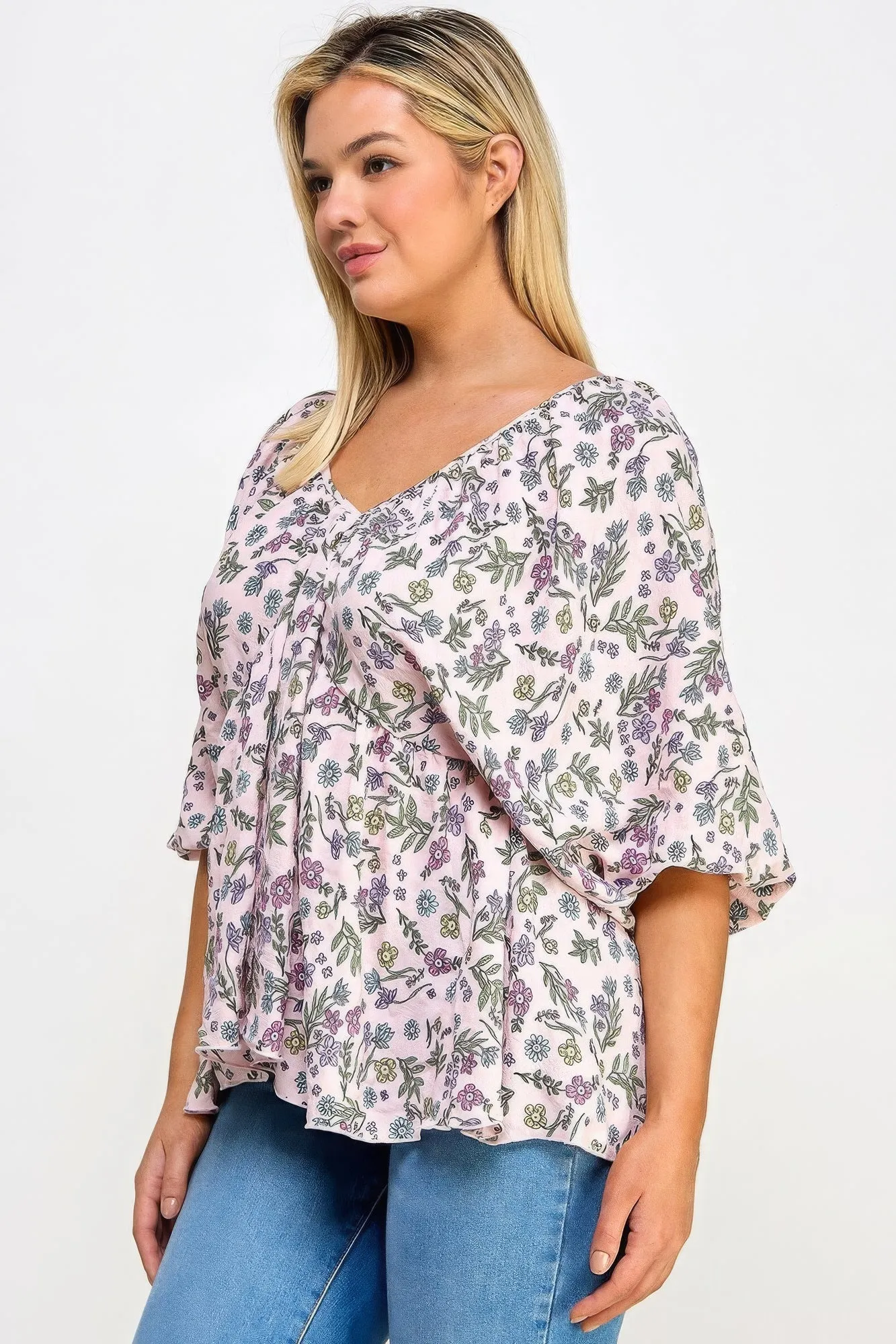 Voluptuous ( ) V-neck  Balloon Slv Floral Babydoll Top for Women