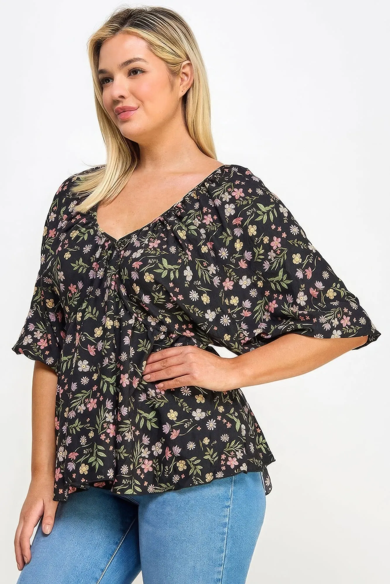 Voluptuous ( ) V-neck  Balloon Slv Floral Babydoll Top for Women