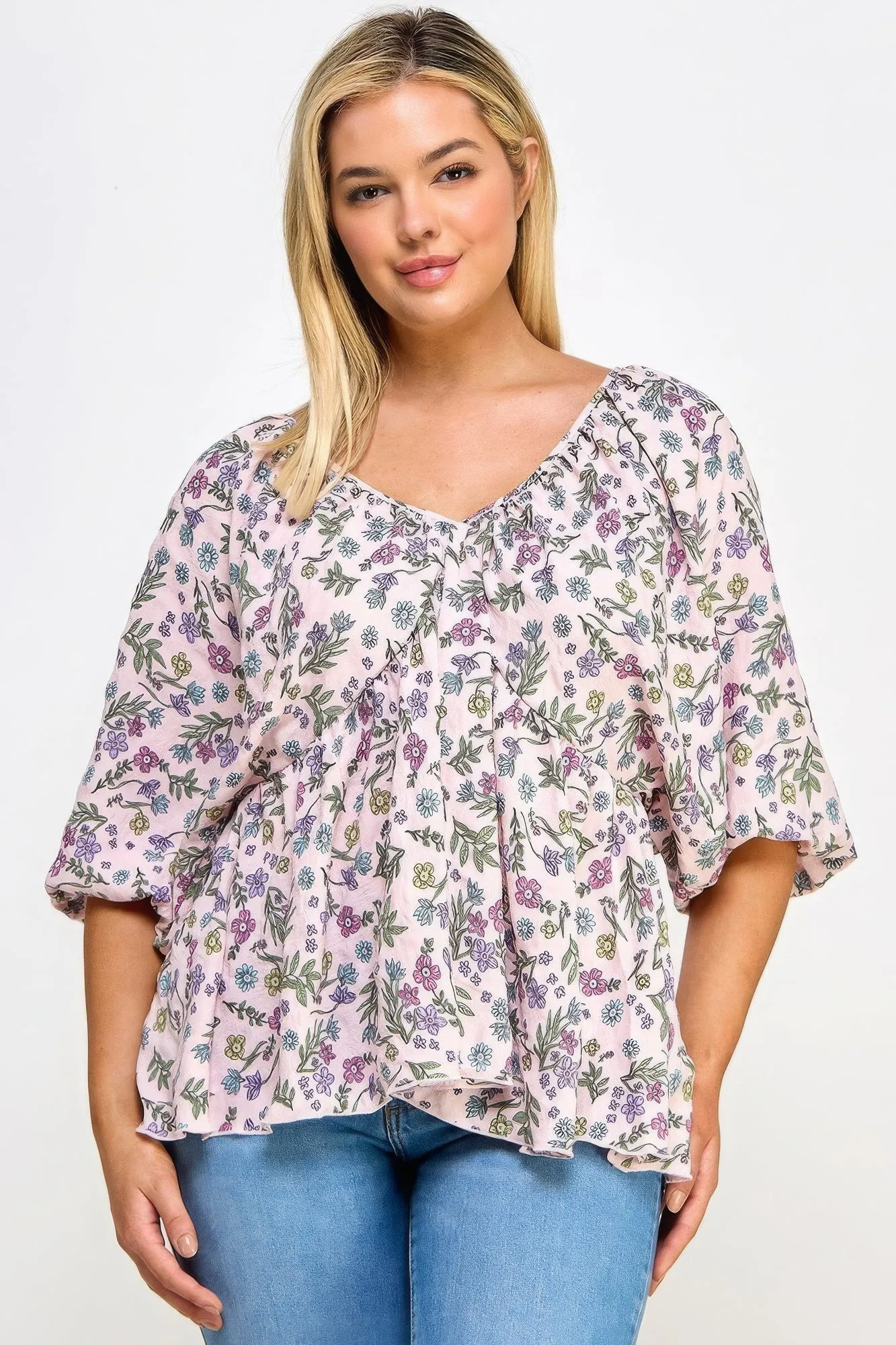 Voluptuous ( ) V-neck  Balloon Slv Floral Babydoll Top for Women