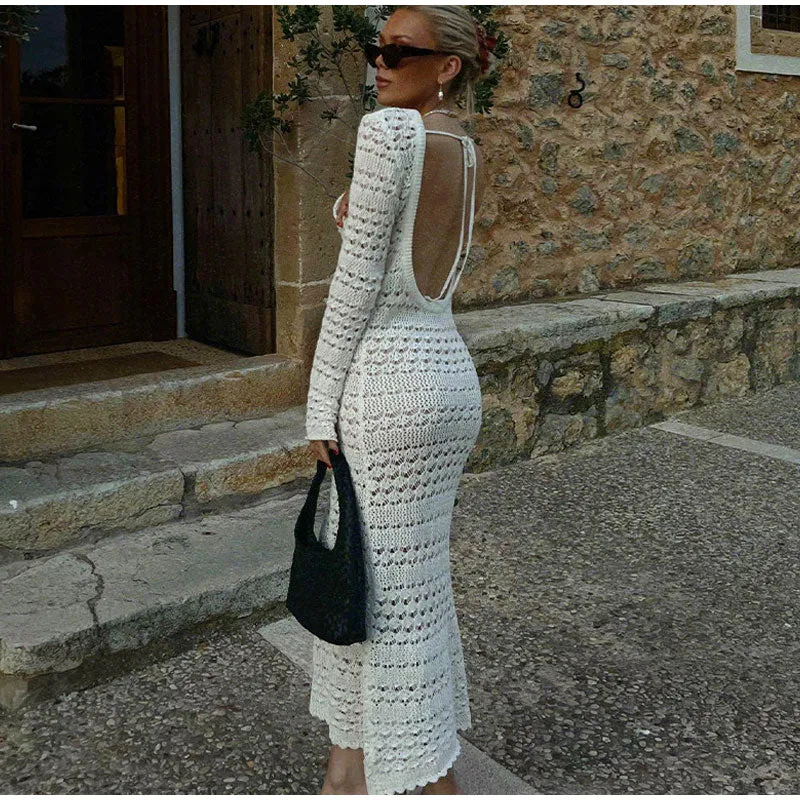 Wenkouban Sexy Backless Knit Dress Women White Hollow Out Beach Club Midi Dresses Female 2023 Summer Bodycon O-Neck Lace Up Lady Vestidos