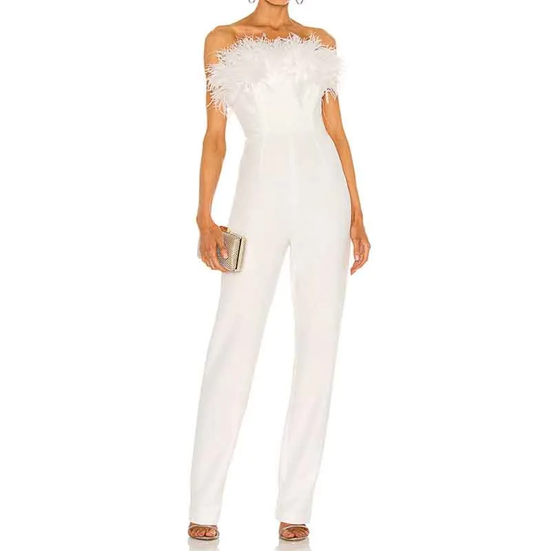 White One Piece Women's Jumpsuts with Feather Pants Romper