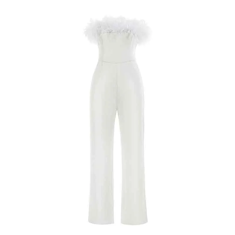 White One Piece Women's Jumpsuts with Feather Pants Romper