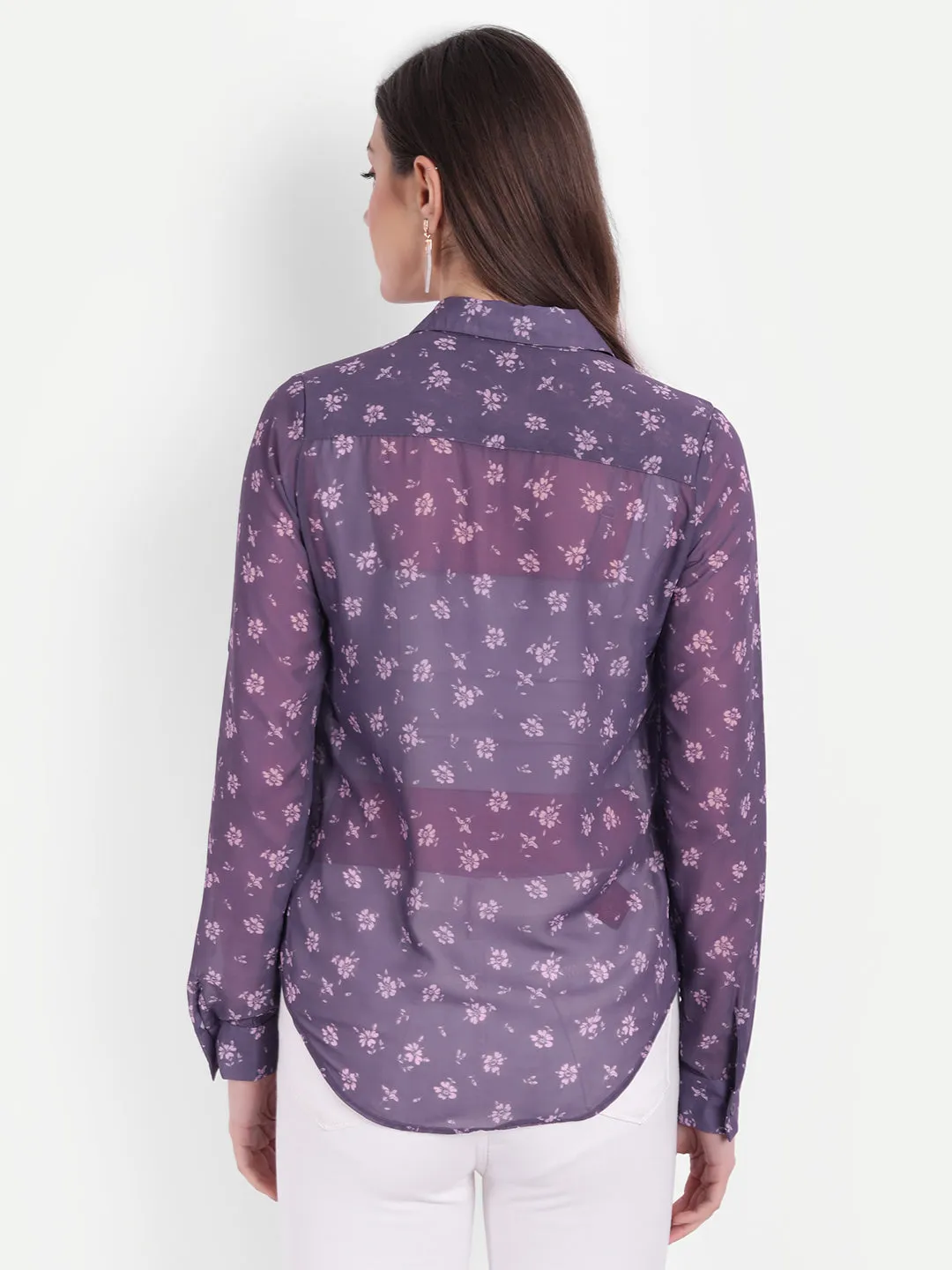 Women Purple Relaxed Semi Sheer Floral Printed Casual Shirt