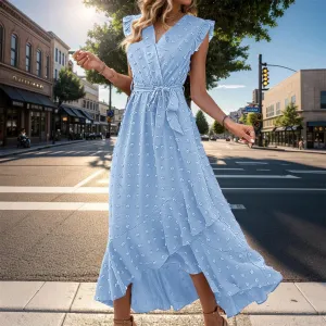 Women's Free Shipping Short Sleeve Wrap V Neck Ruffle Dot Slit Flowy Boho Dress