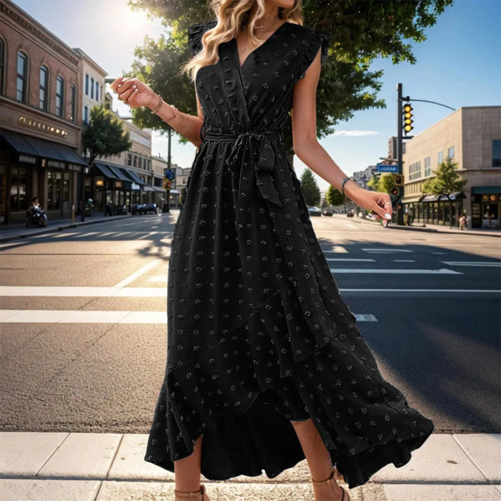 Women's Free Shipping Short Sleeve Wrap V Neck Ruffle Dot Slit Flowy Boho Dress