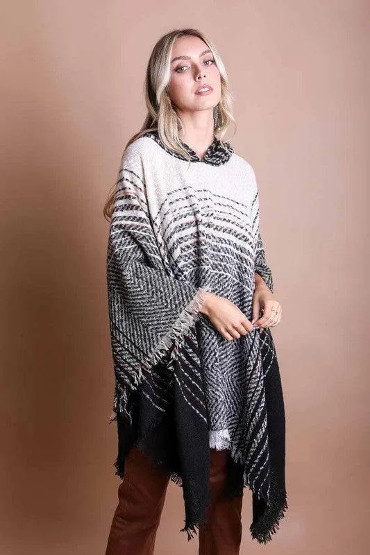 Women's hooded frayed edge tweed poncho