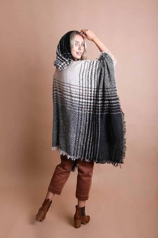 Women's hooded frayed edge tweed poncho