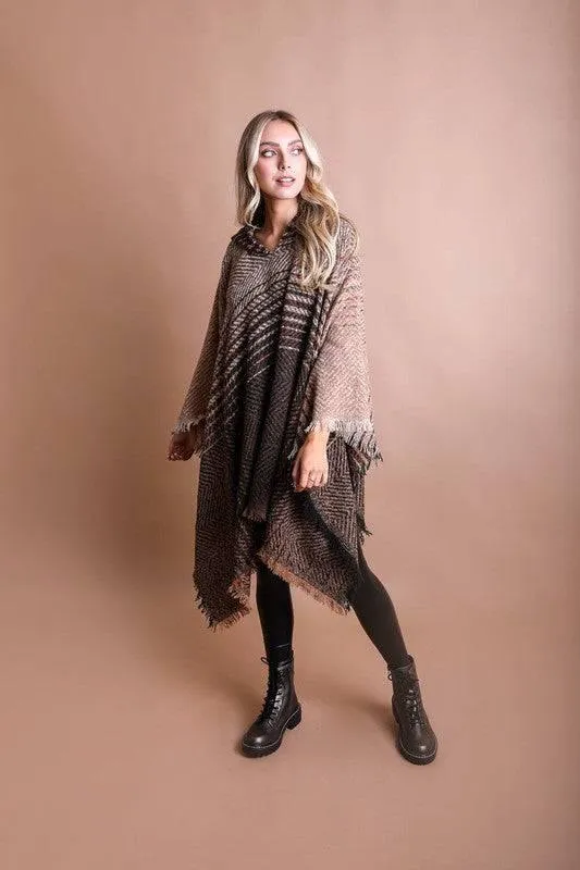 Women's hooded frayed edge tweed poncho