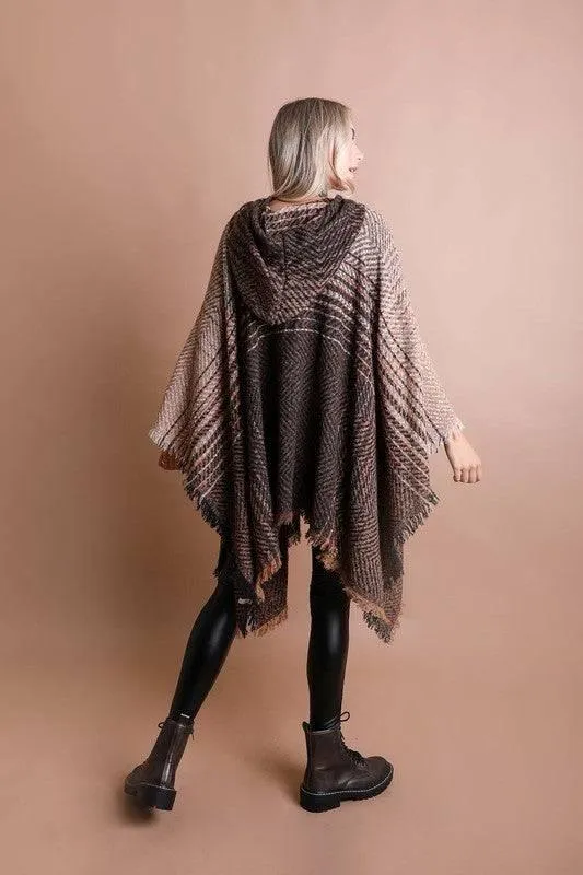 Women's hooded frayed edge tweed poncho