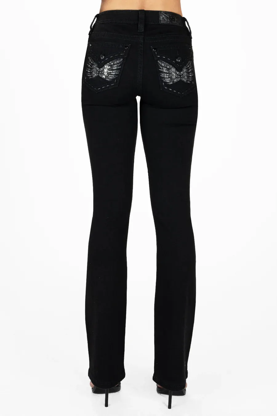 Women's Miss Me Mid-Rise Black Wing Bootcut Jeans