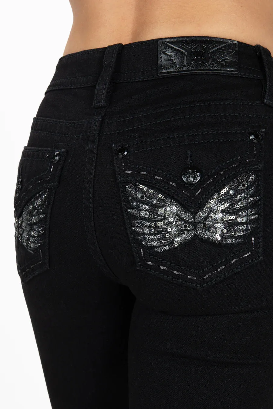 Women's Miss Me Mid-Rise Black Wing Bootcut Jeans