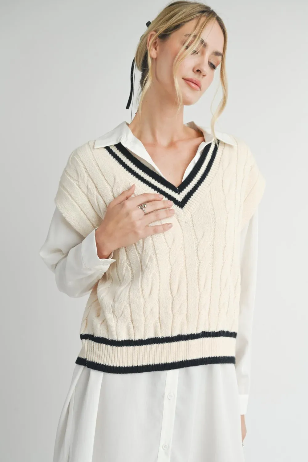 Women's Old Money Cable Knit Sweater Vest Top | Cream White