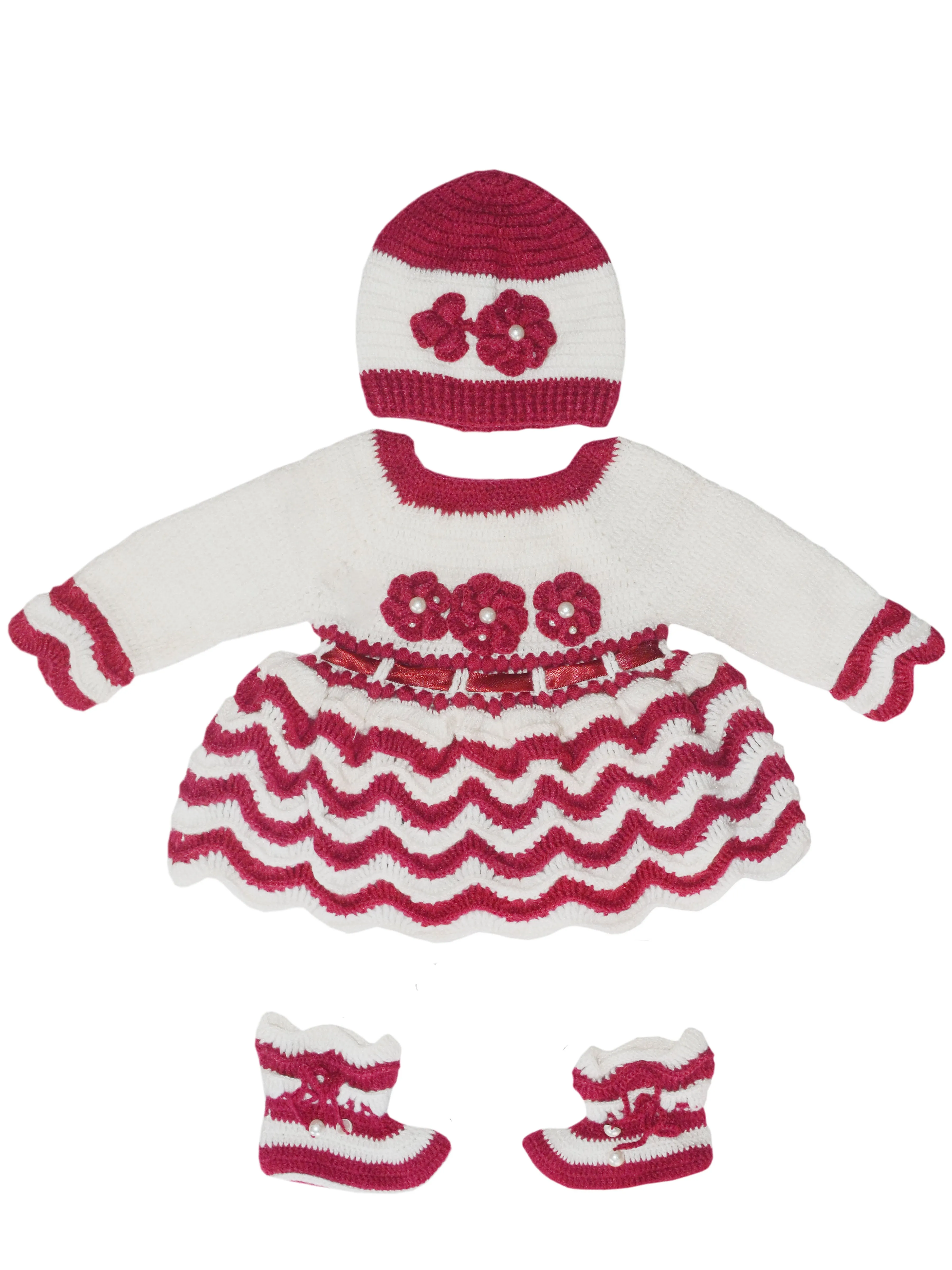 Woonie Crochet Beautiful Design Graminarts Full Sleeve Handmade Baby Frock- Maroon & White