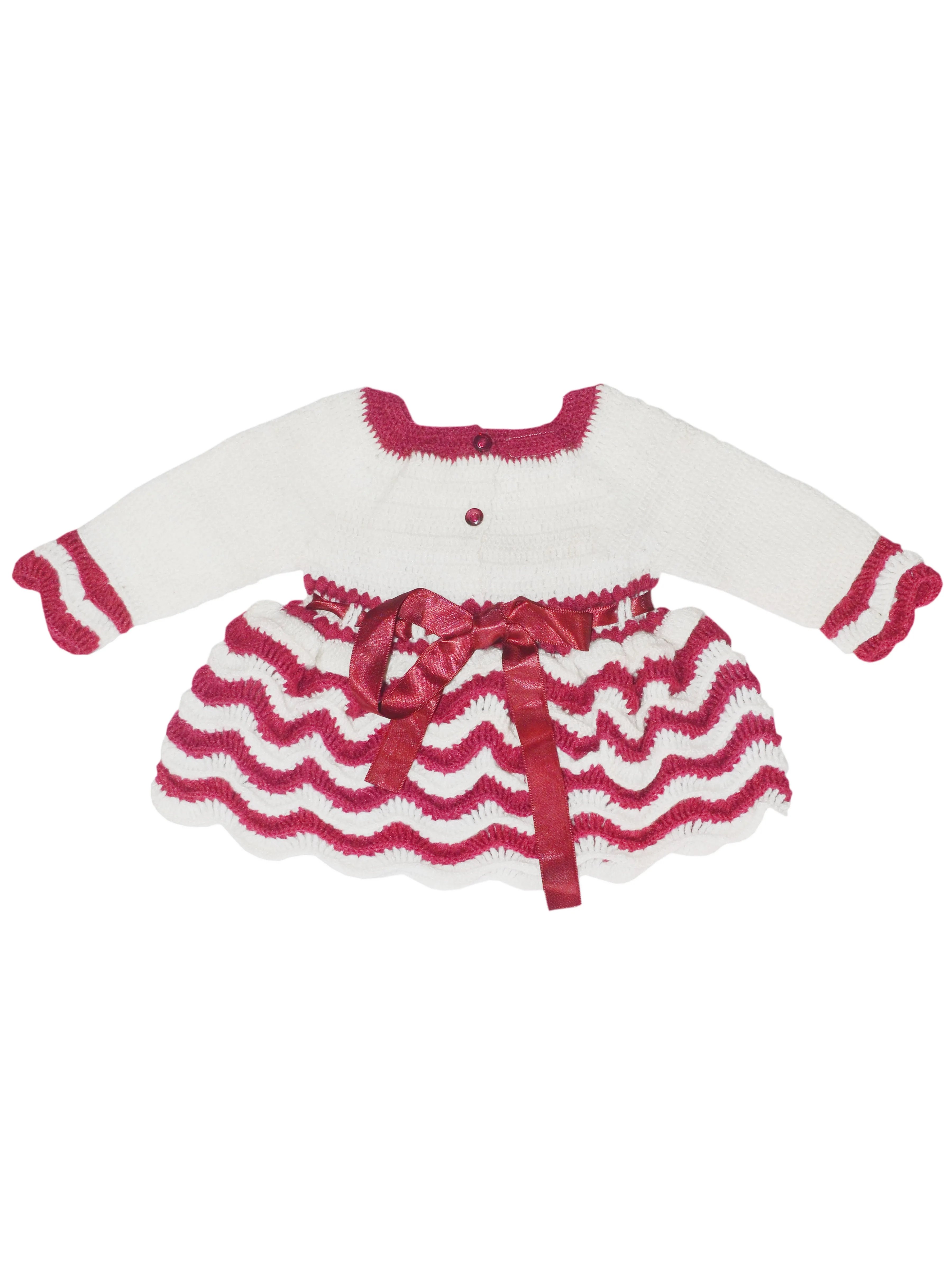 Woonie Crochet Beautiful Design Graminarts Full Sleeve Handmade Baby Frock- Maroon & White