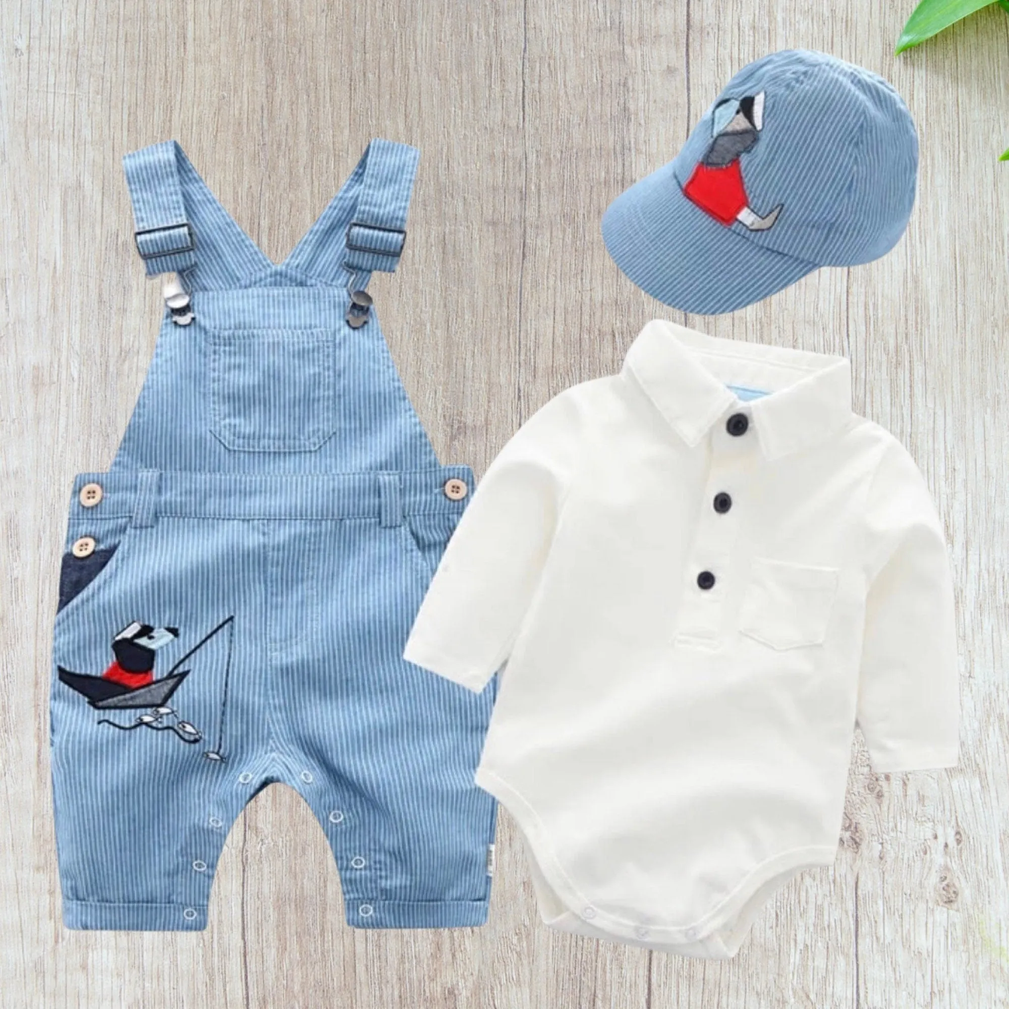 Yacht - Baby Boy Denim Overalls & Sailing Boat Romper Set